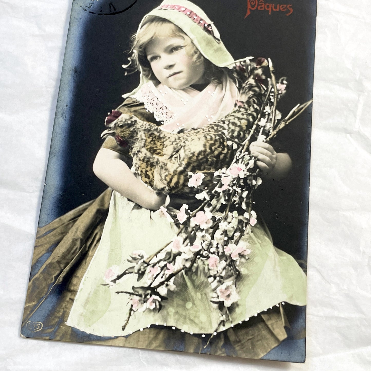 1910s - Vintage French Easter Postcard - Charming Child with Chicken and Spring Blossoms - Antique Happy Easter Greeting Card from France