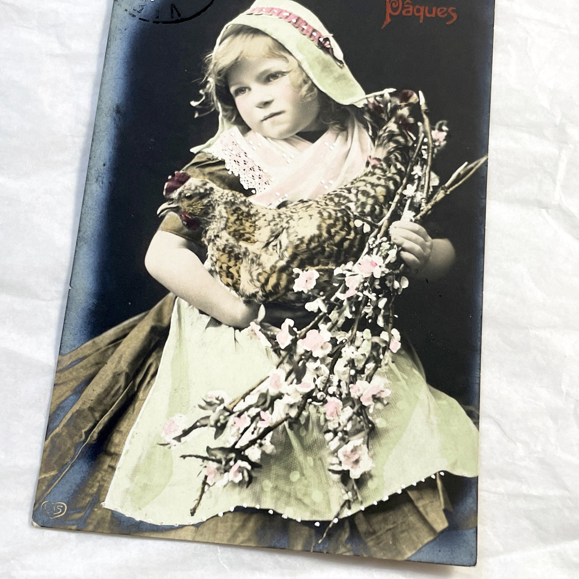 1910s - Vintage French Easter Postcard - Charming Child with Chicken and Spring Blossoms - Antique Happy Easter Greeting Card from France