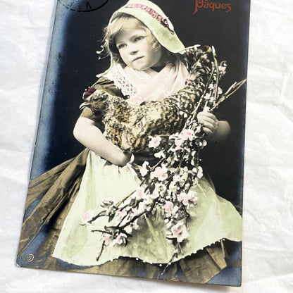 1910s - Vintage French Easter Postcard - Charming Child with Chicken and Spring Blossoms - Antique Happy Easter Greeting Card from France