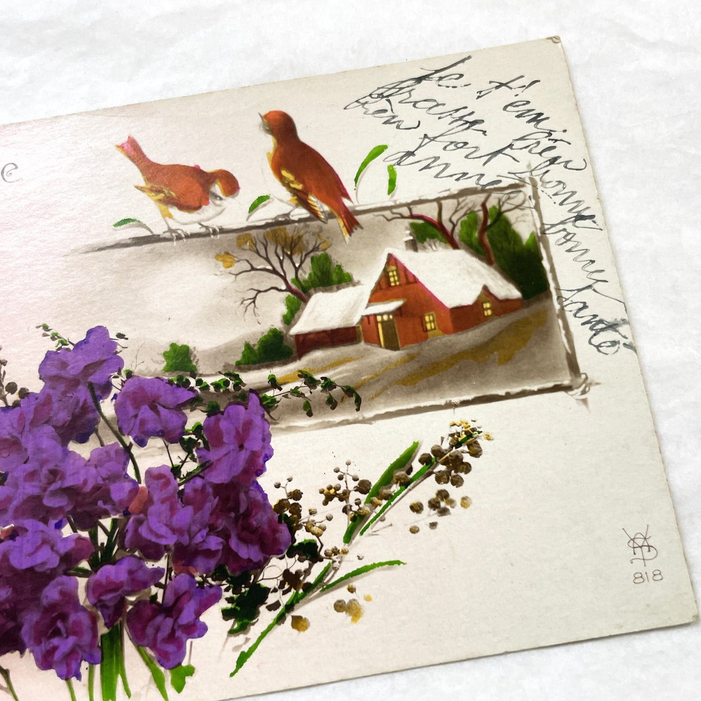 1910s - French New Year Postcard - Vintage Winter Scene with Birds and Snow-Covered Cottage - Vibrant Purple Flowers - Greeting Card