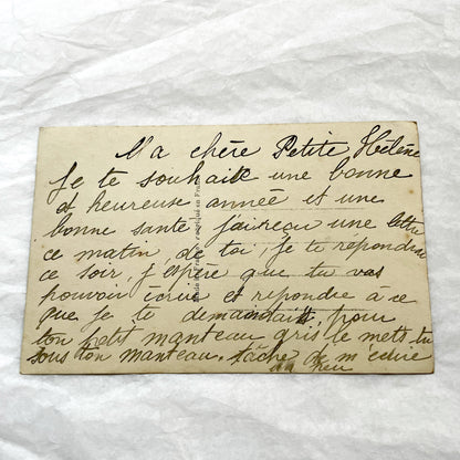 1910s - French New Year Postcard - Vintage Winter Scene with Birds and Snow-Covered Cottage - Vibrant Purple Flowers - Greeting Card