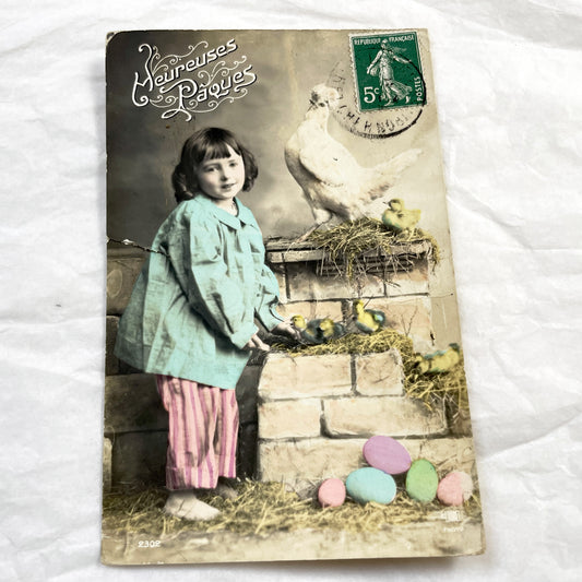 1910s - Vintage French Easter Postcard - Charming Child with Chickens and Ducklings - Hand-Colored Farm Scene - Collectible Holiday Ephemera