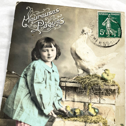 1910s - Vintage French Easter Postcard - Charming Child with Chickens and Ducklings - Hand-Colored Farm Scene - Collectible Holiday Ephemera