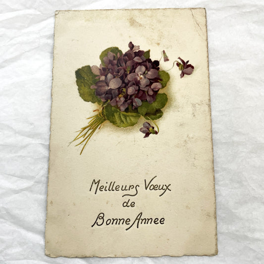 1900s - Vintage French New Year Postcard - Bouquet of Violets - Floral Art Nouveau Greeting Card - Holiday Wishes Ephemera Collectible