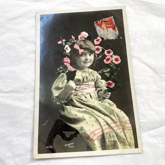 1910s - Antique French Hand-Colored Child Postcard - Young Girl Portrait with Floral Garland - Whimsical Vintage Photo Print