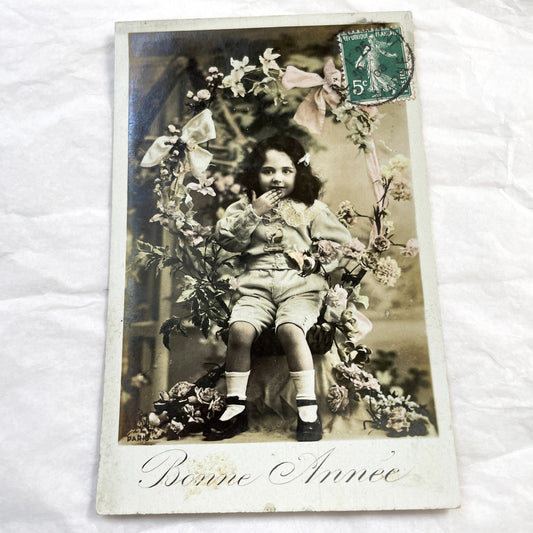 1900s - Antique French Postcard - Sepia Child Portrait - New Year Bonne Année - Hand-Colored Photo - Vintage Ephemera Collectible