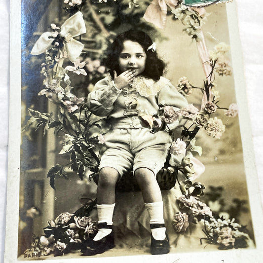 1900s - Antique French Postcard - Sepia Child Portrait - New Year Bonne Année - Hand-Colored Photo - Vintage Ephemera Collectible