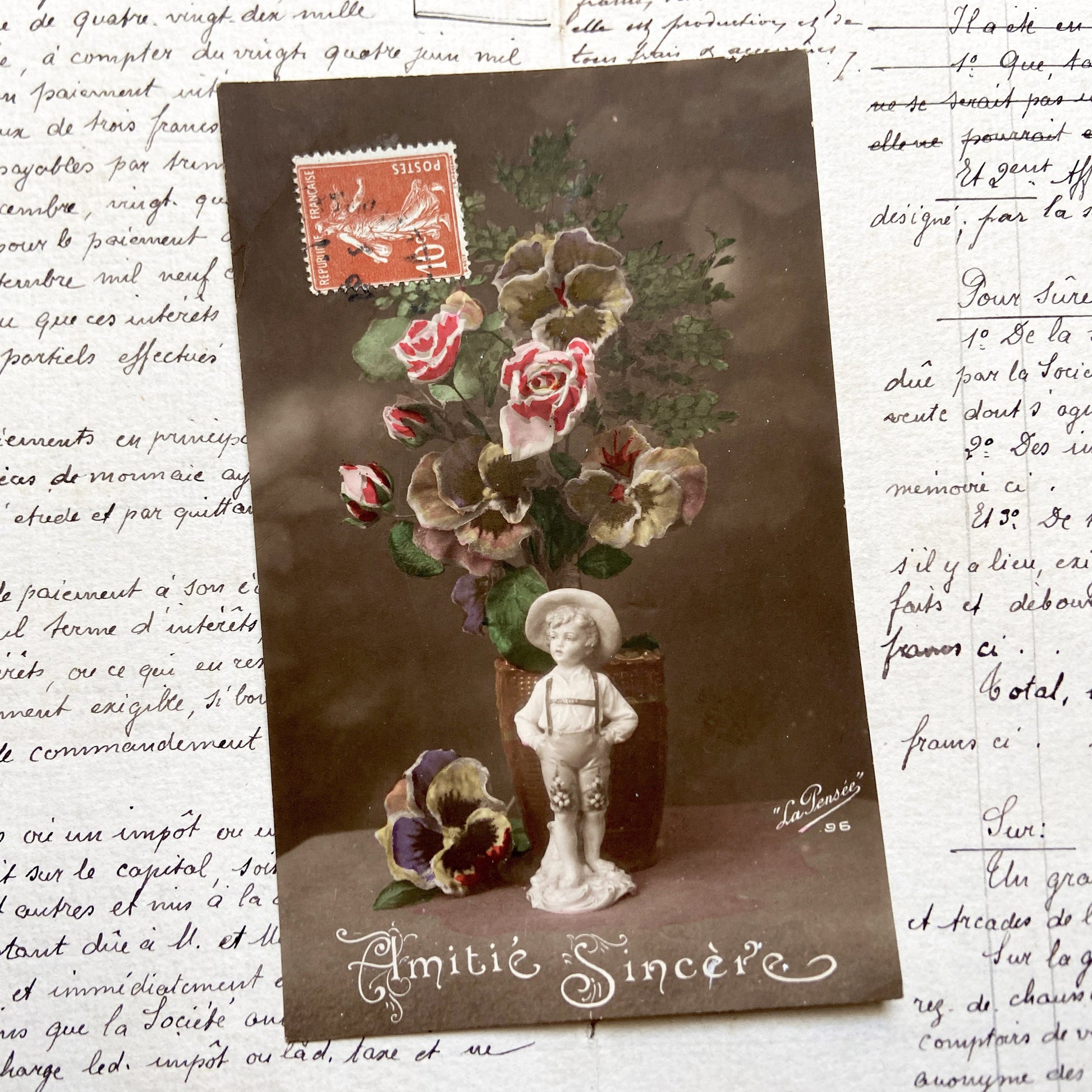 1910s - French Postcard-Boy Figurine - Floral Bouquet - Sentimental Art - Antique Collectible-Hand Tinted Sepia Tone - Friendship Theme