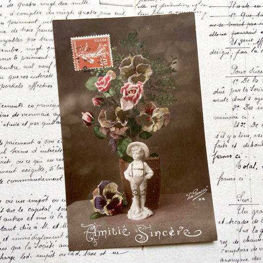 1910s - French Postcard-Boy Figurine - Floral Bouquet - Sentimental Art - Antique Collectible-Hand Tinted Sepia Tone - Friendship Theme