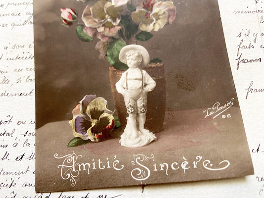 1910s - French Postcard-Boy Figurine - Floral Bouquet - Sentimental Art - Antique Collectible-Hand Tinted Sepia Tone - Friendship Theme