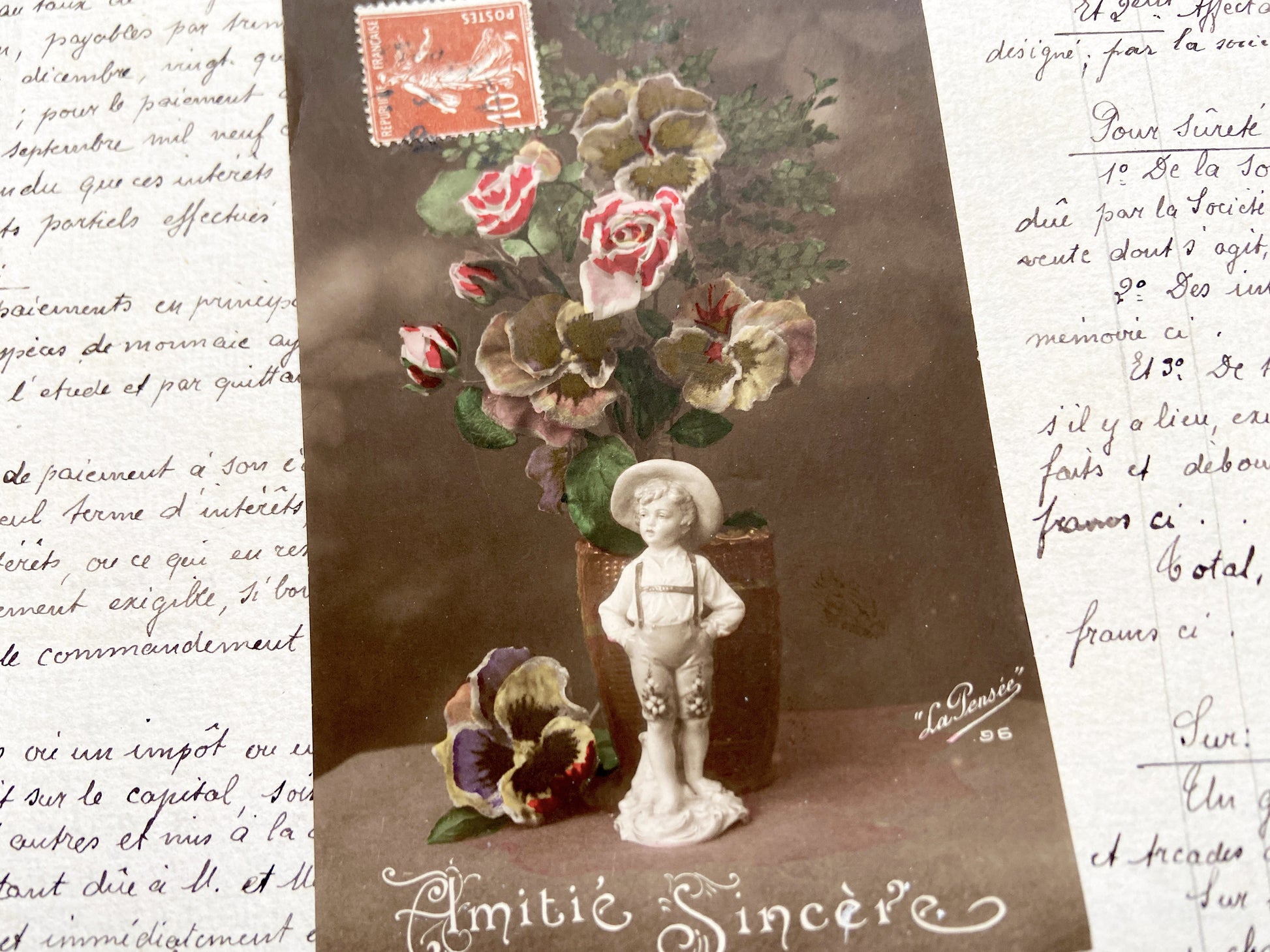 1910s - French Postcard-Boy Figurine - Floral Bouquet - Sentimental Art - Antique Collectible-Hand Tinted Sepia Tone - Friendship Theme
