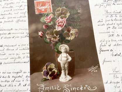 1910s - French Postcard-Boy Figurine - Floral Bouquet - Sentimental Art - Antique Collectible-Hand Tinted Sepia Tone - Friendship Theme