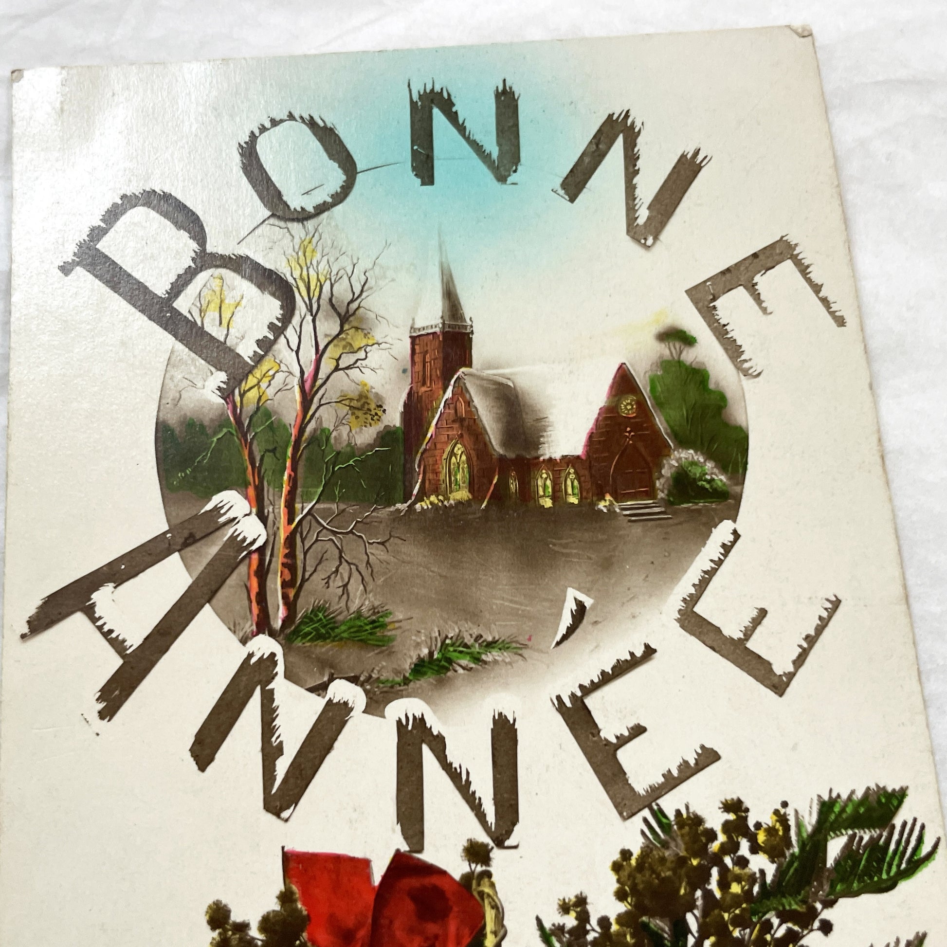 1920s - Vintage French New Year Postcard - Winter Church Landscape with Floral Bouquet - Old Parisian Greeting Card Collectible