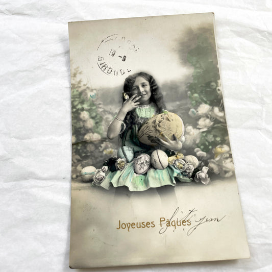 1910s - Vintage French Easter Postcard - Charming Young Girl With Decorated Eggs - Hand Tinted Photograph - Gironde Postmark