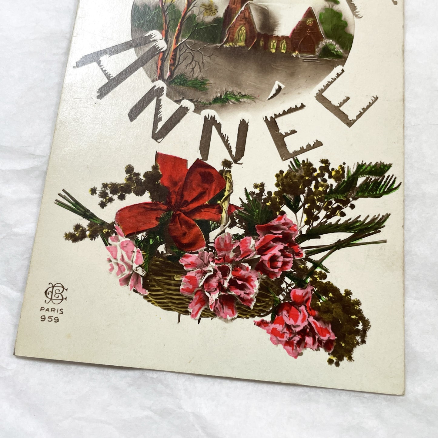 1920s - Vintage French New Year Postcard - Winter Church Landscape with Floral Bouquet - Old Parisian Greeting Card Collectible