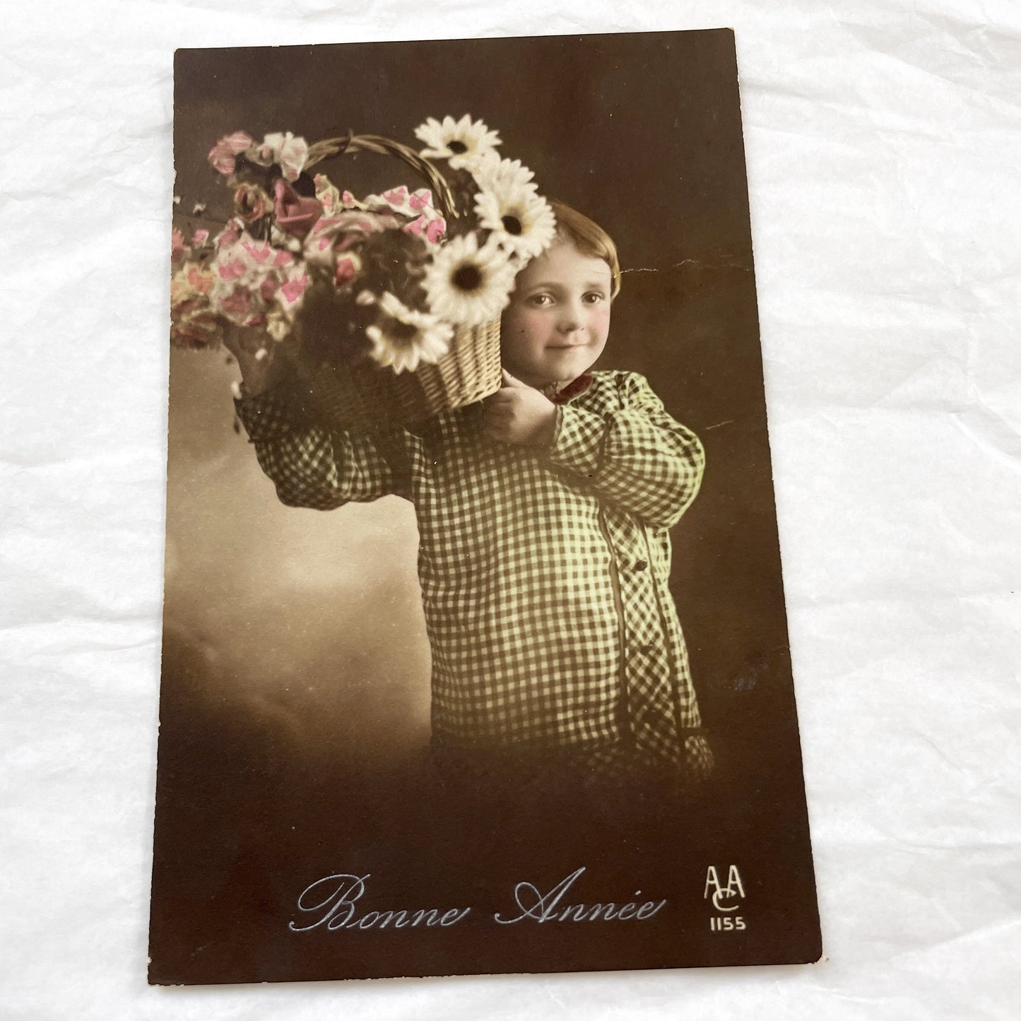 1910s - Vintage French Bonne Année Postcard - Child with Flower Basket - Hand Tinted Sepia Photo - Antique New Year Greeting Card