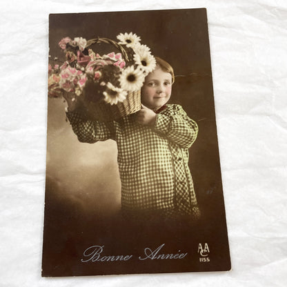 1910s - Vintage French Bonne Année Postcard - Child with Flower Basket - Hand Tinted Sepia Photo - Antique New Year Greeting Card