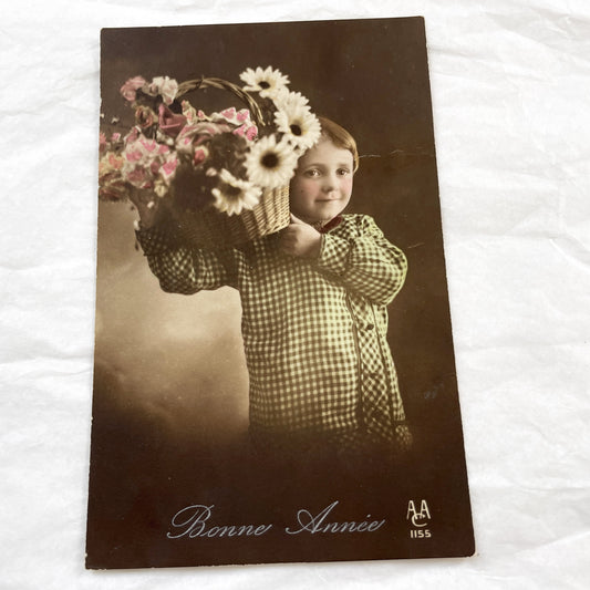 1910s - Vintage French Bonne Année Postcard - Child with Flower Basket - Hand Tinted Sepia Photo - Antique New Year Greeting Card