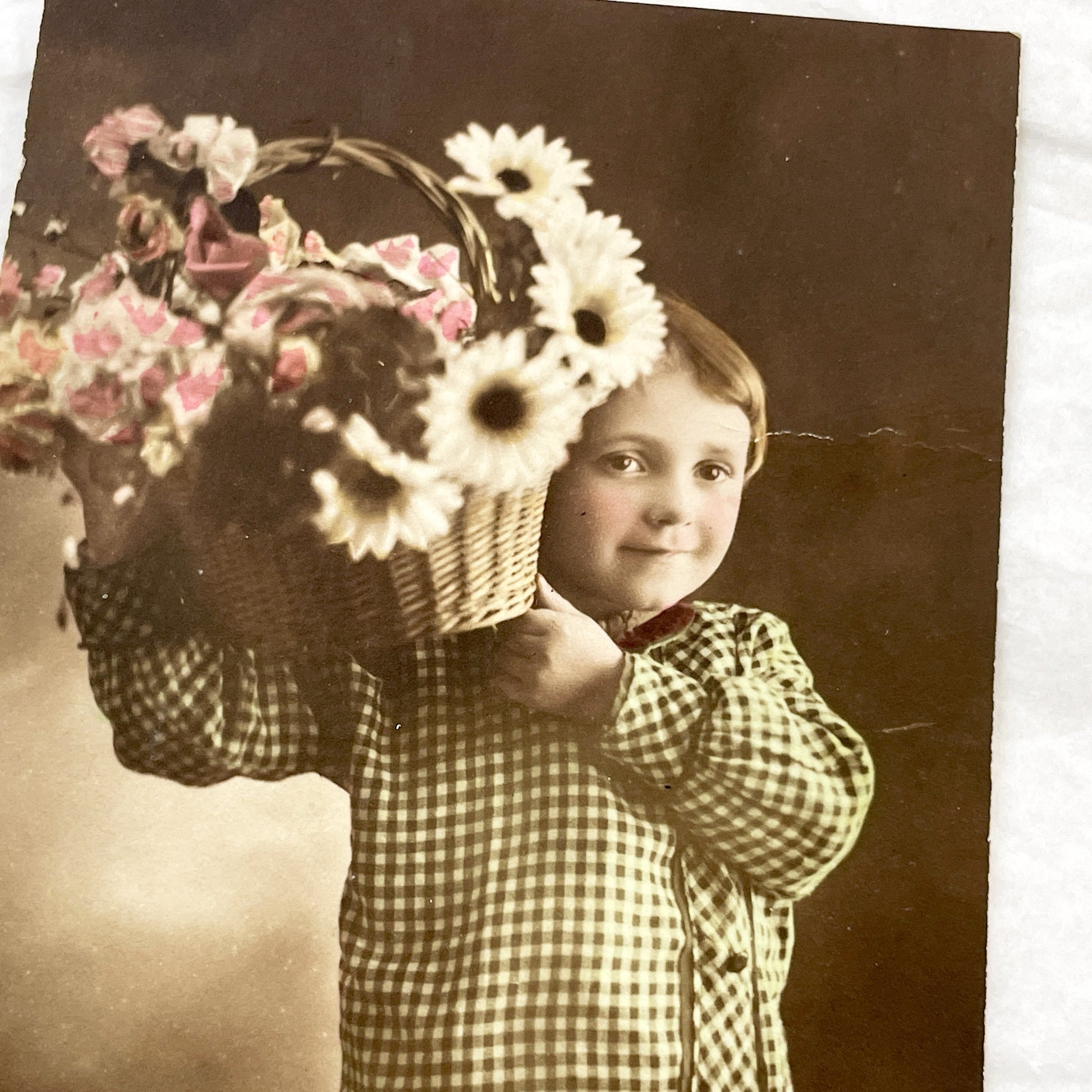 1910s - Vintage French Bonne Année Postcard - Child with Flower Basket - Hand Tinted Sepia Photo - Antique New Year Greeting Card