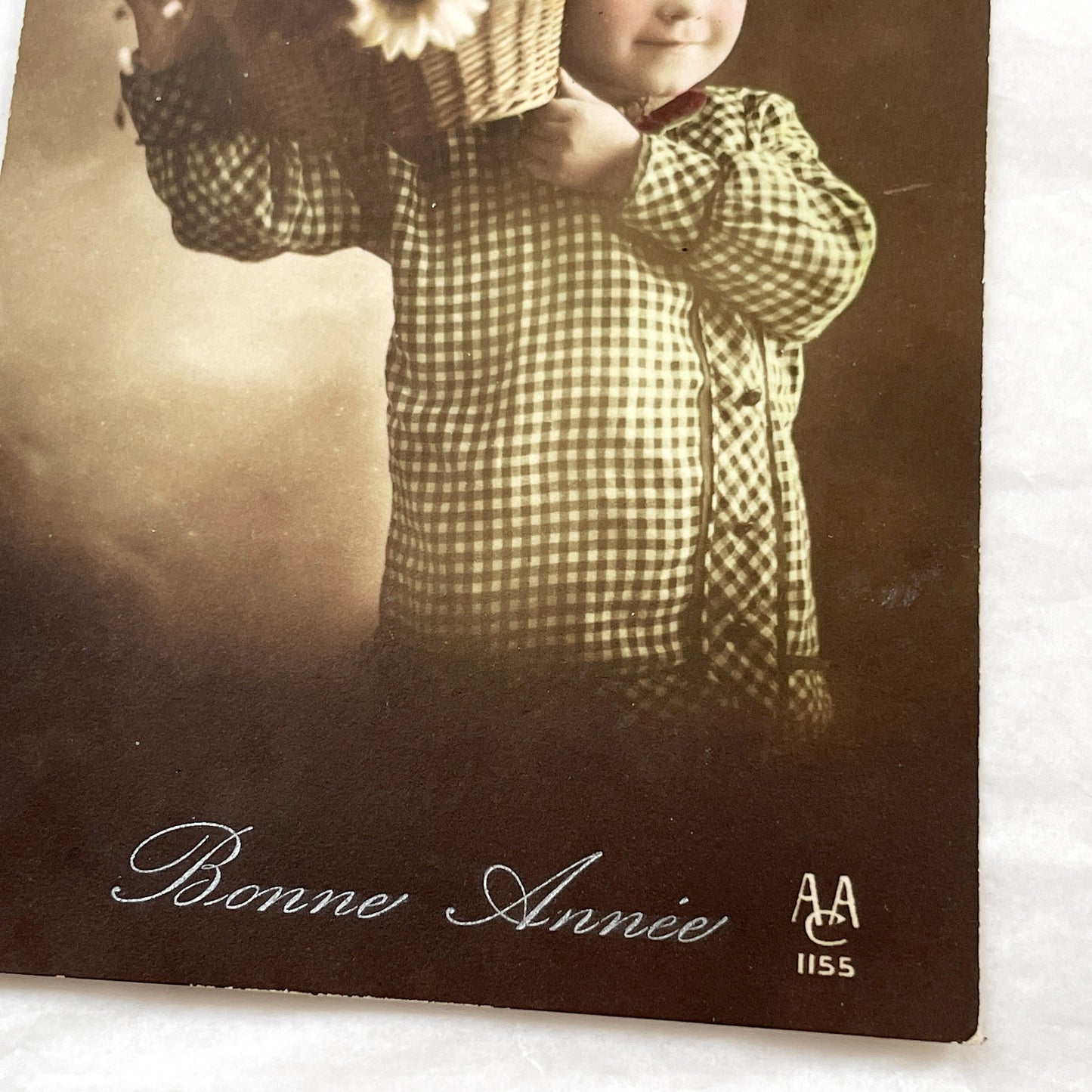 1910s - Vintage French Bonne Année Postcard - Child with Flower Basket - Hand Tinted Sepia Photo - Antique New Year Greeting Card