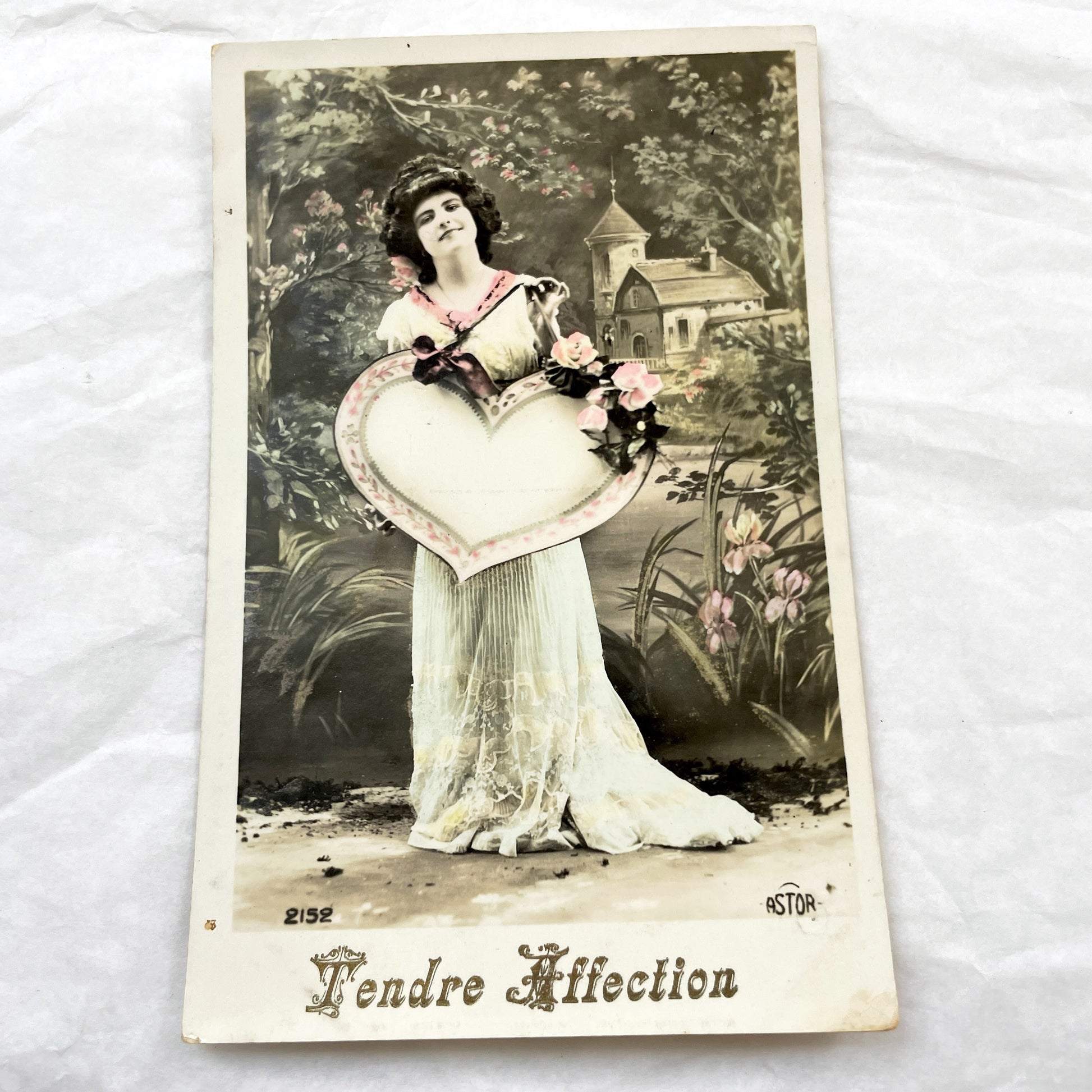 1910s - Vintage French Postcard - Romantic Woman Heart Roses - Elegant Edwardian Lady - Hand Tinted Valentine Greeting Card