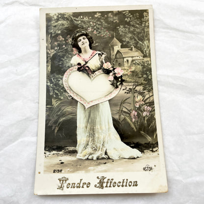 1910s - Vintage French Postcard - Romantic Woman Heart Roses - Elegant Edwardian Lady - Hand Tinted Valentine Greeting Card