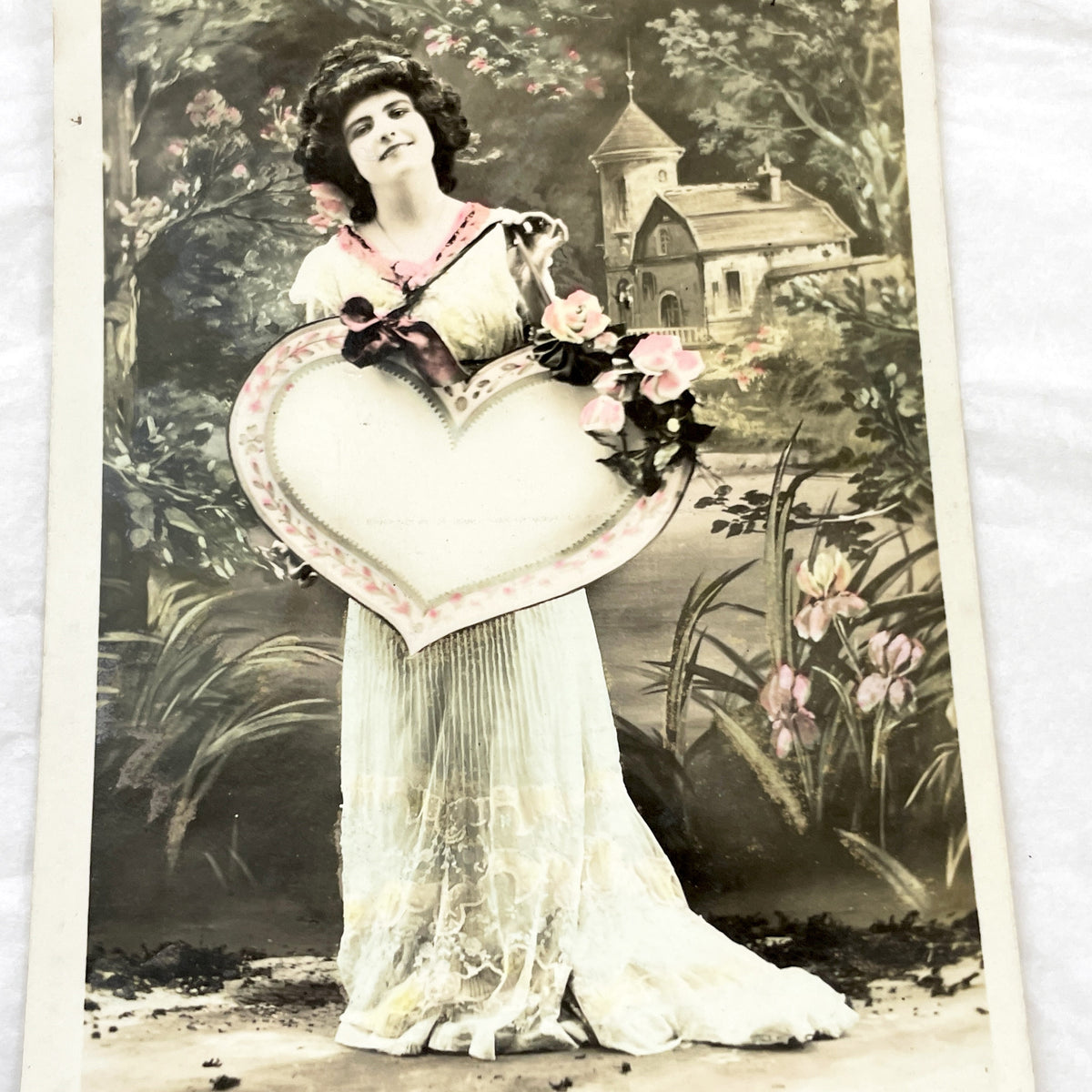 1910s - Vintage French Postcard - Romantic Woman Heart Roses - Elegant Edwardian Lady - Hand Tinted Valentine Greeting Card