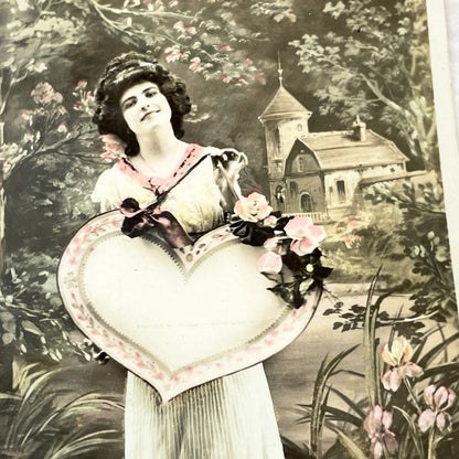 1910s - Vintage French Postcard - Romantic Woman Heart Roses - Elegant Edwardian Lady - Hand Tinted Valentine Greeting Card