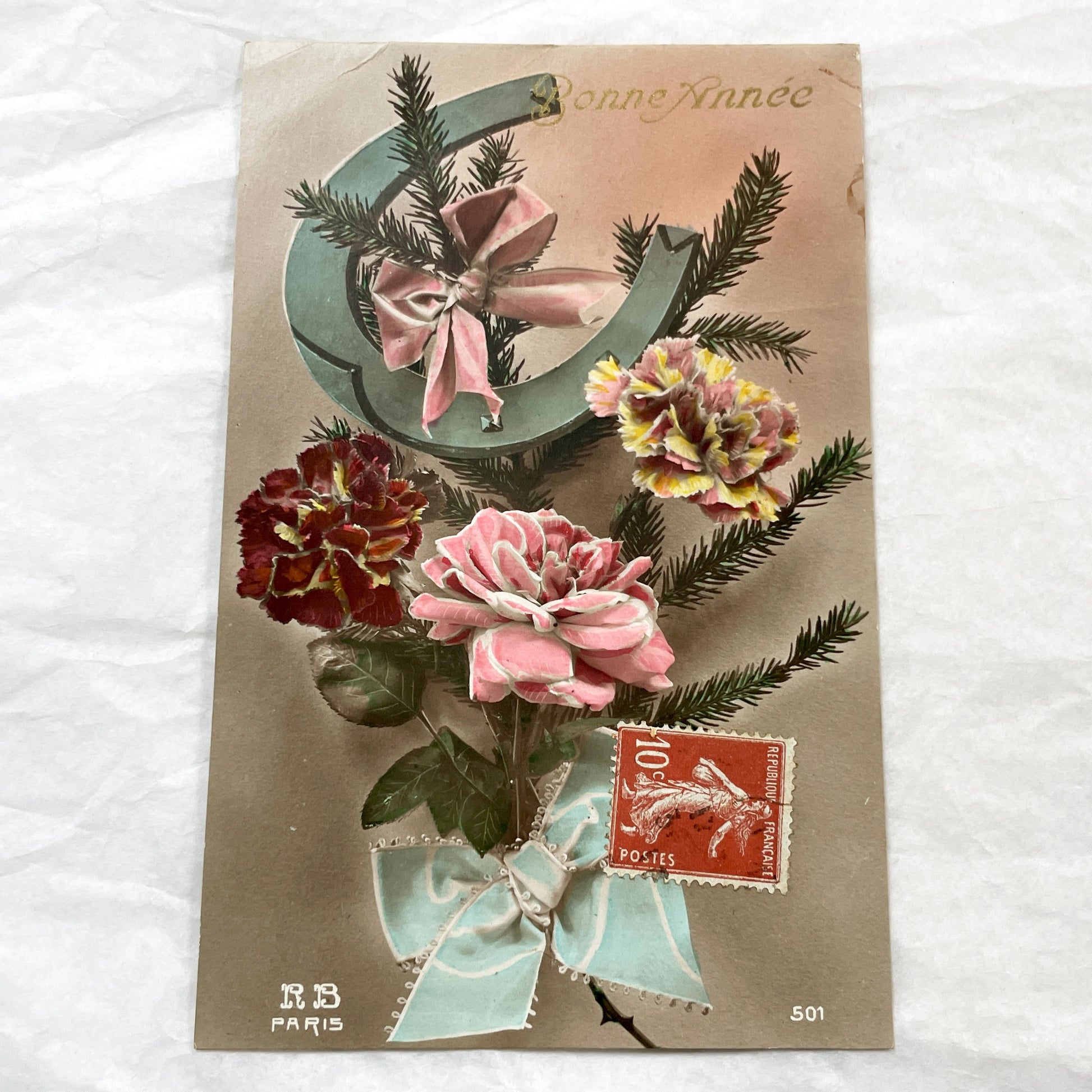 1910s - Antique French New Year Postcard - Embossed Floral Art - Lucky Horseshoe Charm - Vintage Ephemera - Collectible Gift