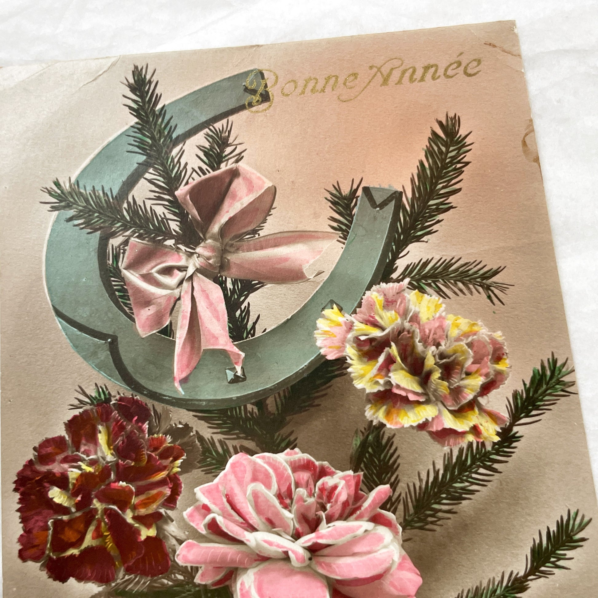 1910s - Antique French New Year Postcard - Embossed Floral Art - Lucky Horseshoe Charm - Vintage Ephemera - Collectible Gift