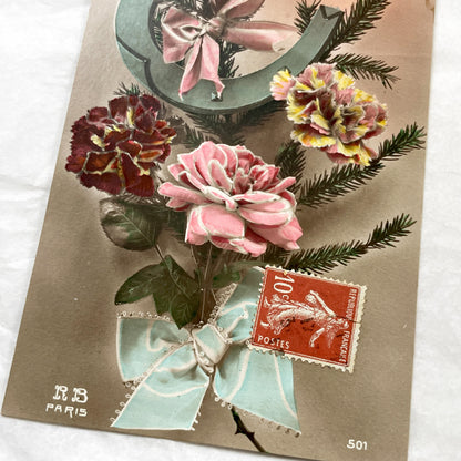 1910s - Antique French New Year Postcard - Embossed Floral Art - Lucky Horseshoe Charm - Vintage Ephemera - Collectible Gift