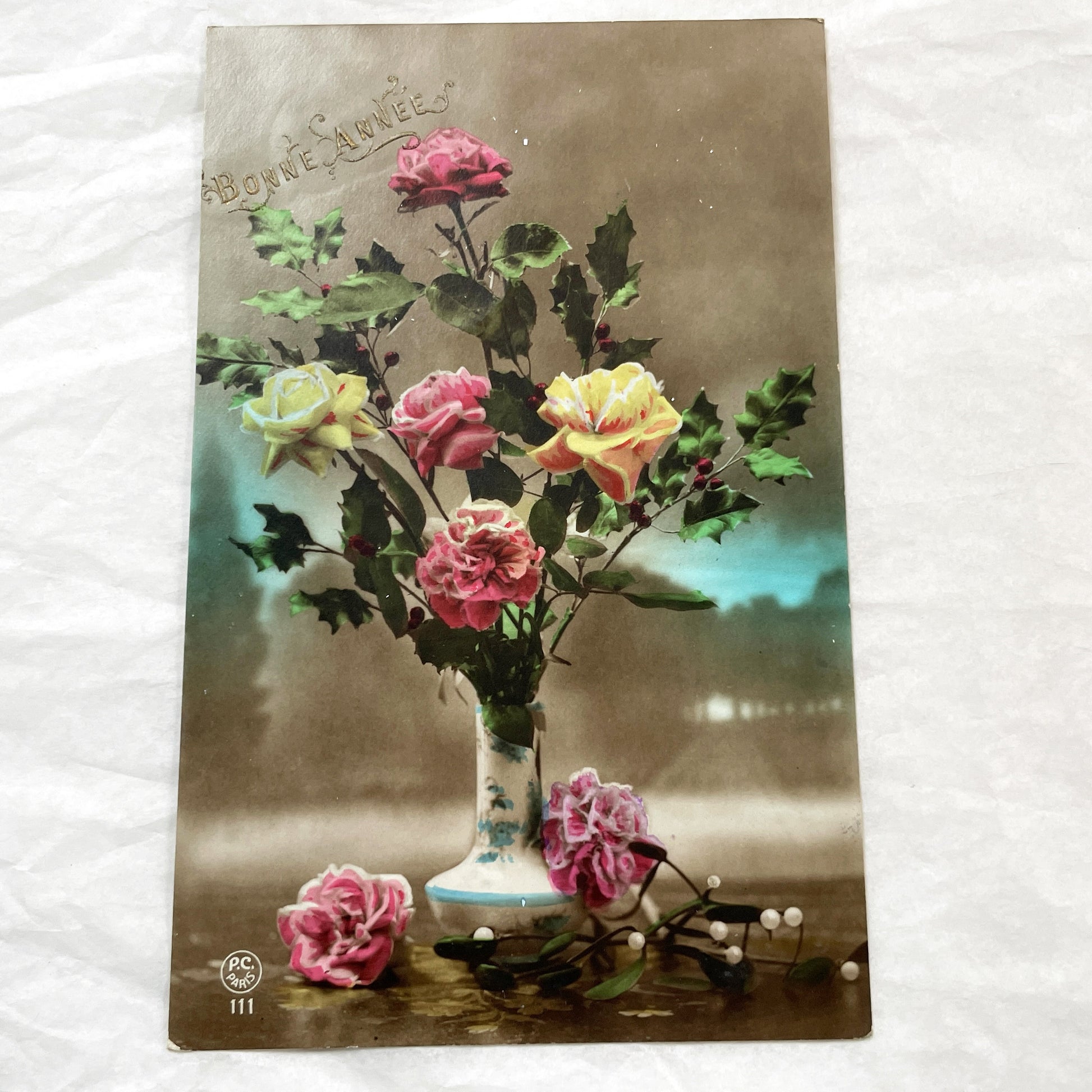 1910s - Vintage French Floral New Year Postcard - Glitter Accents - Roses and Holly Arrangement - Paris Publisher - Collectible Ephemera.