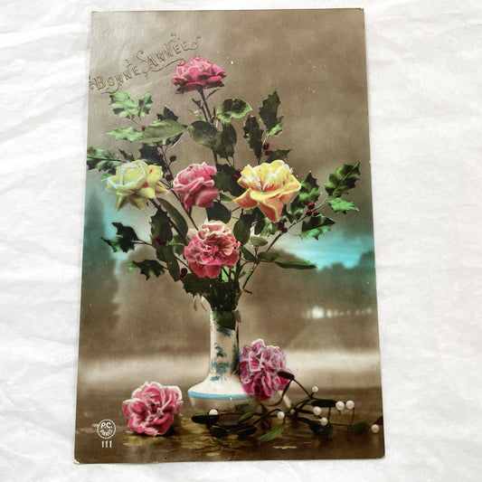 1910s - Vintage French Floral New Year Postcard - Glitter Accents - Roses and Holly Arrangement - Paris Publisher - Collectible Ephemera.