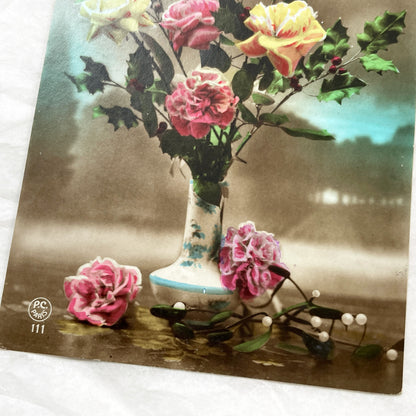 1910s - Vintage French Floral New Year Postcard - Glitter Accents - Roses and Holly Arrangement - Paris Publisher - Collectible Ephemera.