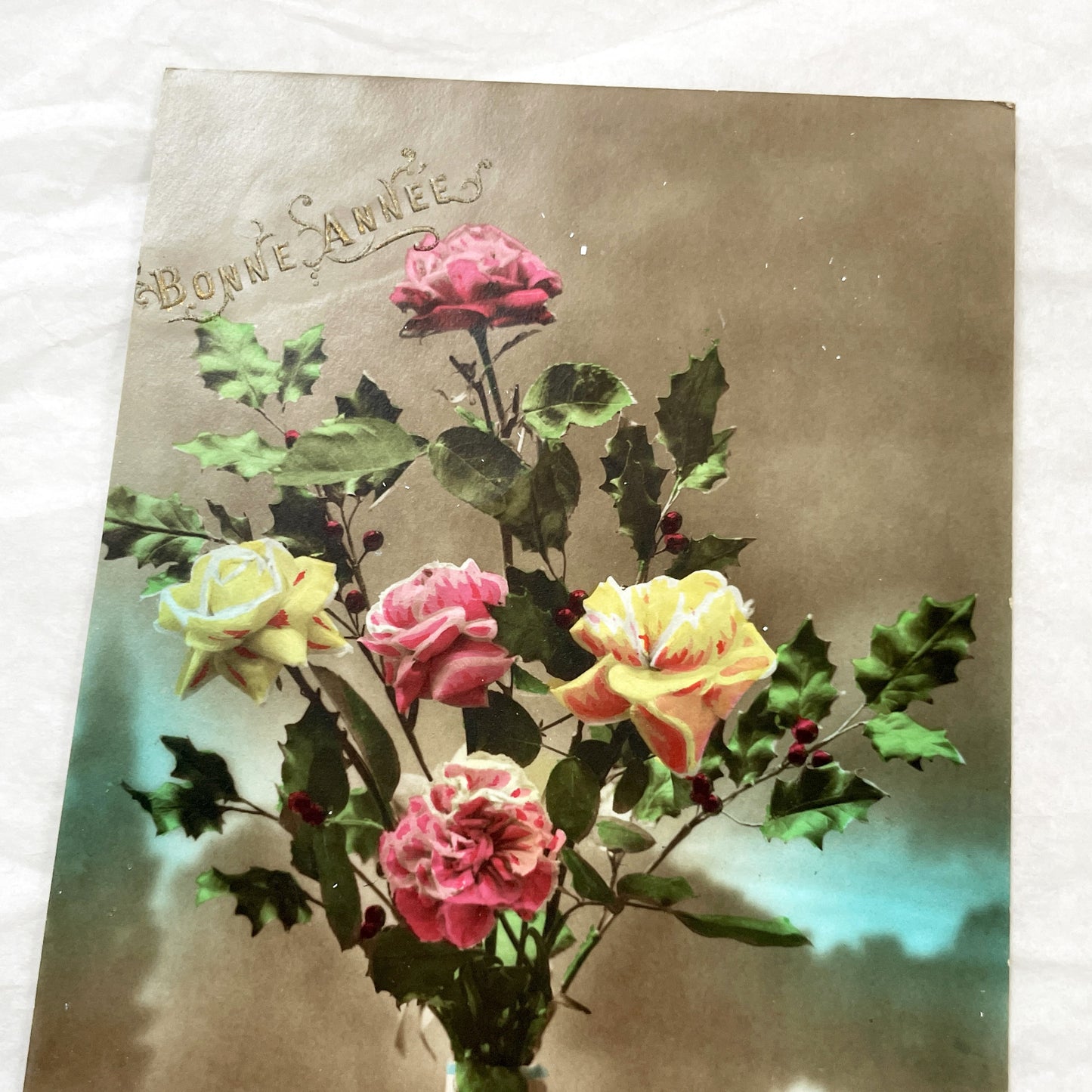 1910s - Vintage French Floral New Year Postcard - Glitter Accents - Roses and Holly Arrangement - Paris Publisher - Collectible Ephemera.
