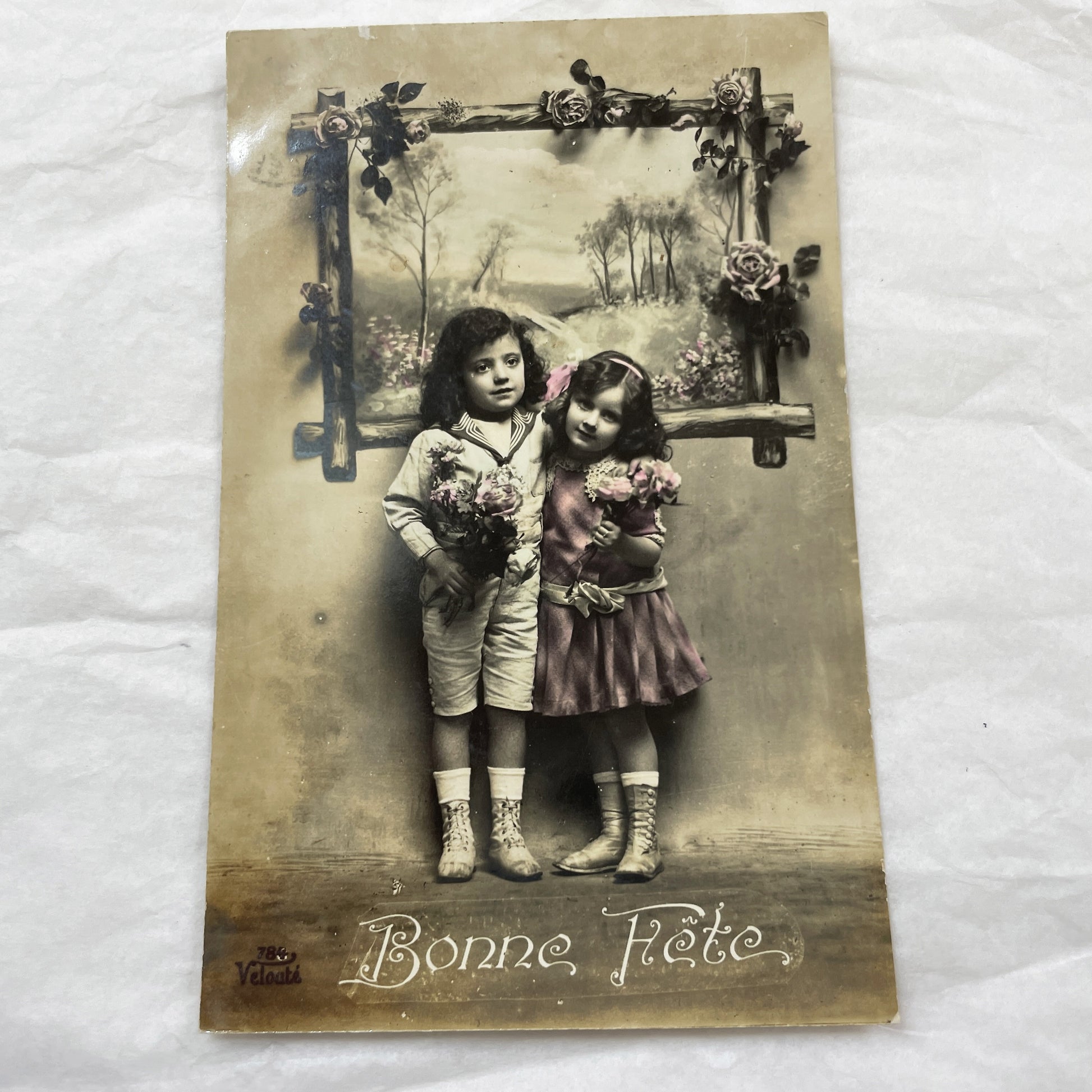 1900s - Antique French Bonne Fête Postcard - Sepia Child Portrait with Flowers - Vintage Kids Greeting Card - Collectible Paper Ephemera.