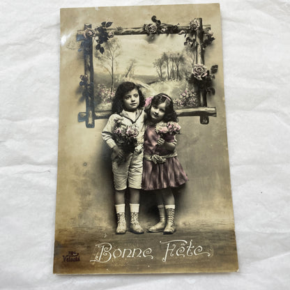 1900s - Antique French Bonne Fête Postcard - Sepia Child Portrait with Flowers - Vintage Kids Greeting Card - Collectible Paper Ephemera.