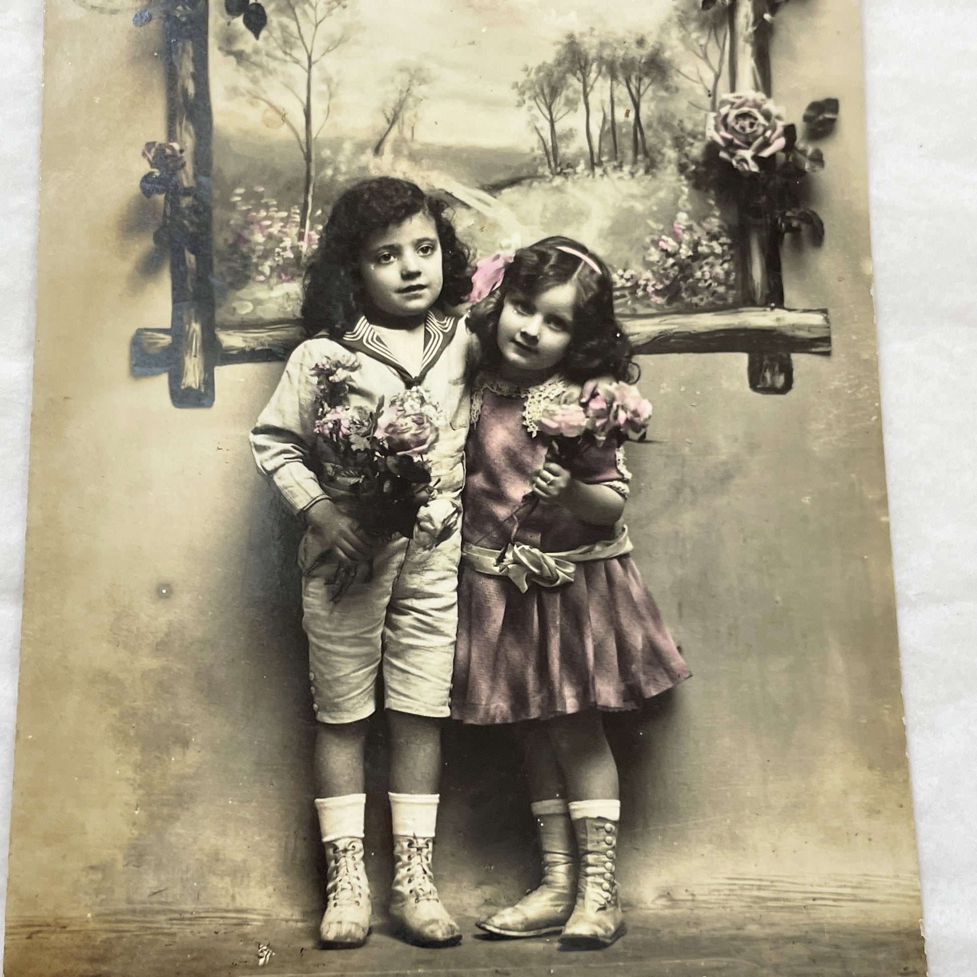 1900s - Antique French Bonne Fête Postcard - Sepia Child Portrait with Flowers - Vintage Kids Greeting Card - Collectible Paper Ephemera.