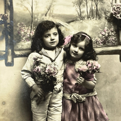 1900s - Antique French Bonne Fête Postcard - Sepia Child Portrait with Flowers - Vintage Kids Greeting Card - Collectible Paper Ephemera.
