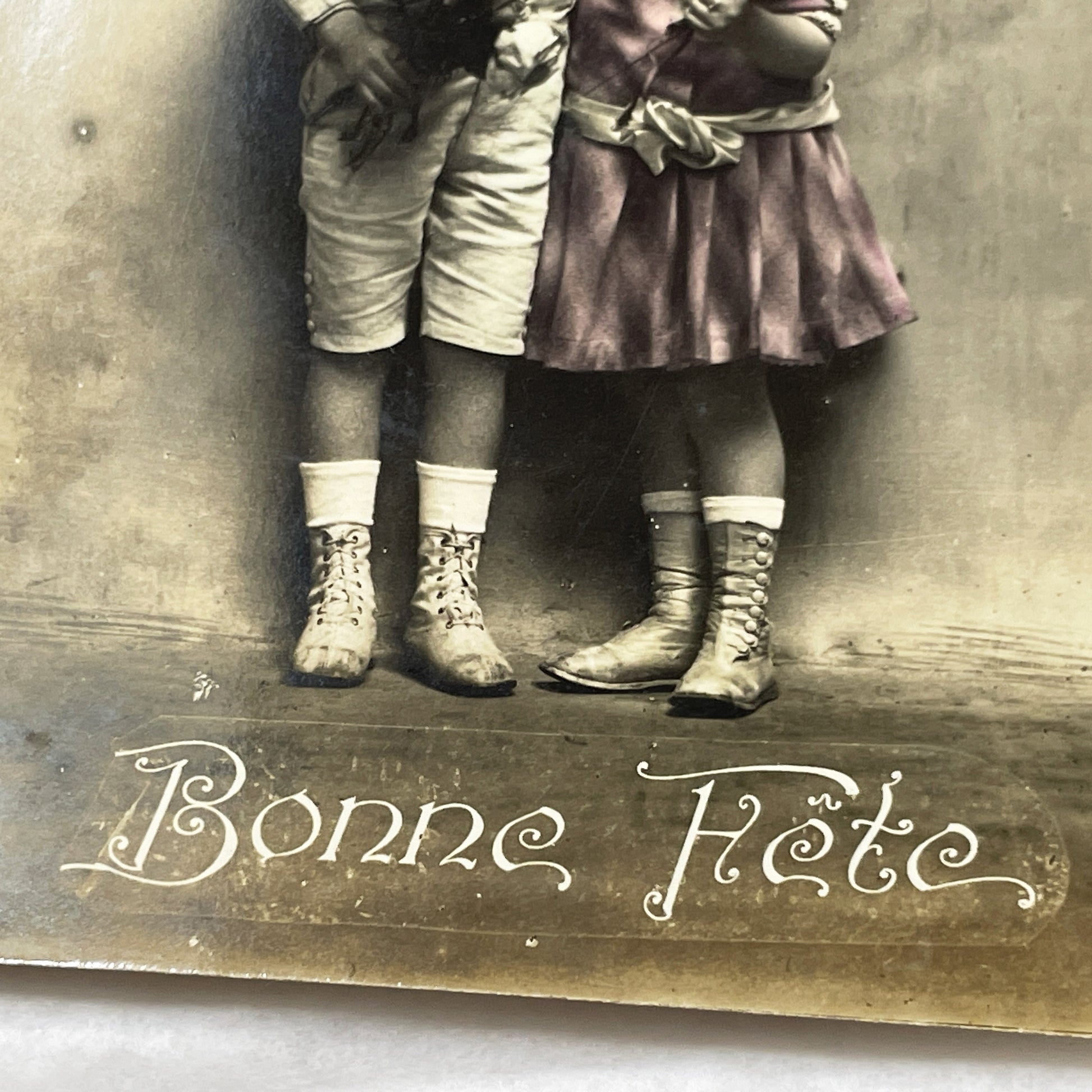 1900s - Antique French Bonne Fête Postcard - Sepia Child Portrait with Flowers - Vintage Kids Greeting Card - Collectible Paper Ephemera.