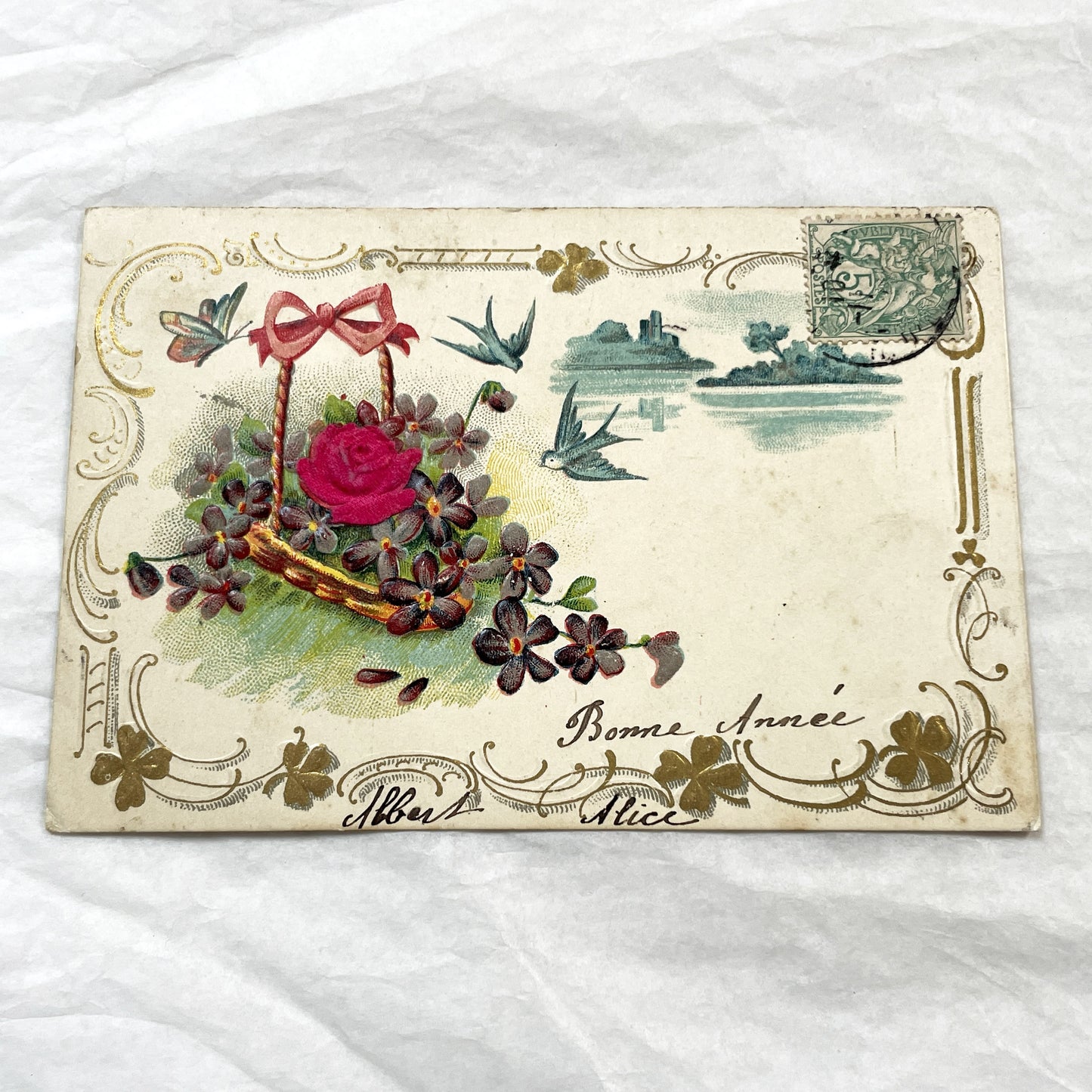 1900s - Antique French New Year Postcard - Floral Basket Design - Flying Swallows - Distant Castle - Gilded Scrolls - Collectible Ephemera