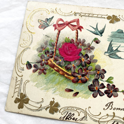 1900s - Antique French New Year Postcard - Floral Basket Design - Flying Swallows - Distant Castle - Gilded Scrolls - Collectible Ephemera