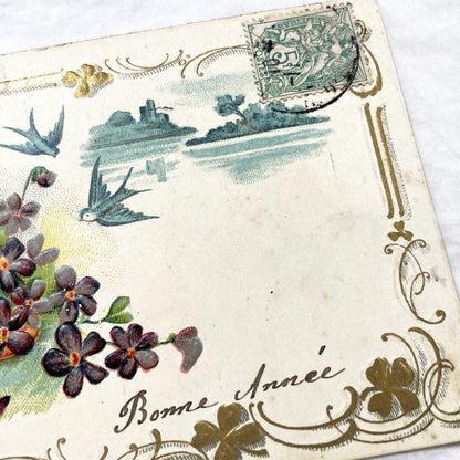1900s - Antique French New Year Postcard - Floral Basket Design - Flying Swallows - Distant Castle - Gilded Scrolls - Collectible Ephemera