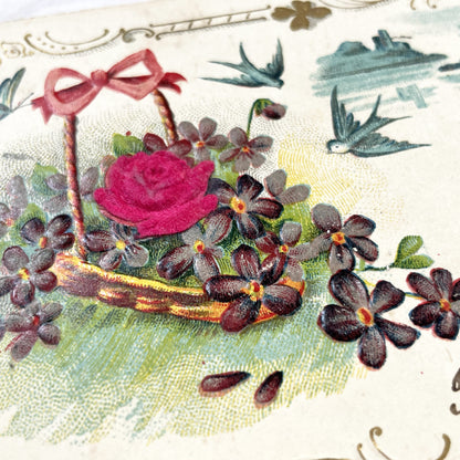 1900s - Antique French New Year Postcard - Floral Basket Design - Flying Swallows - Distant Castle - Gilded Scrolls - Collectible Ephemera