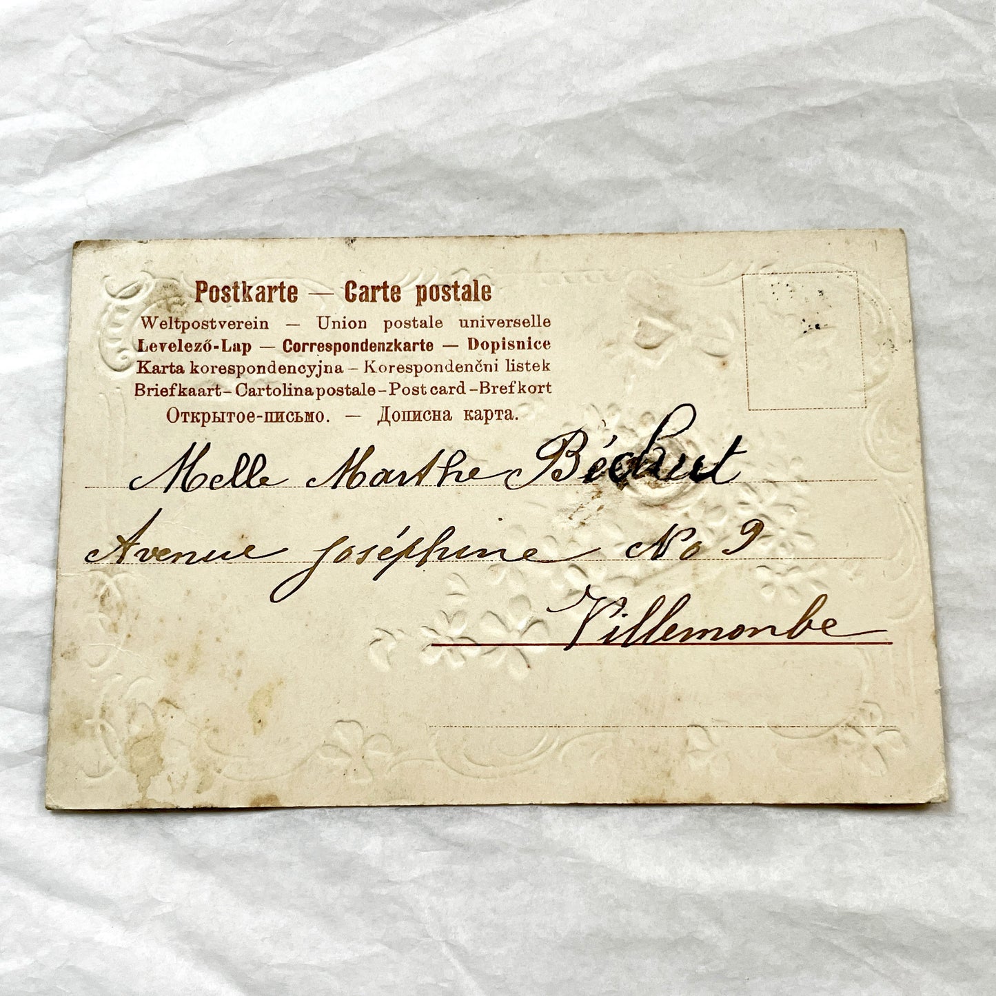 1900s - Antique French New Year Postcard - Floral Basket Design - Flying Swallows - Distant Castle - Gilded Scrolls - Collectible Ephemera