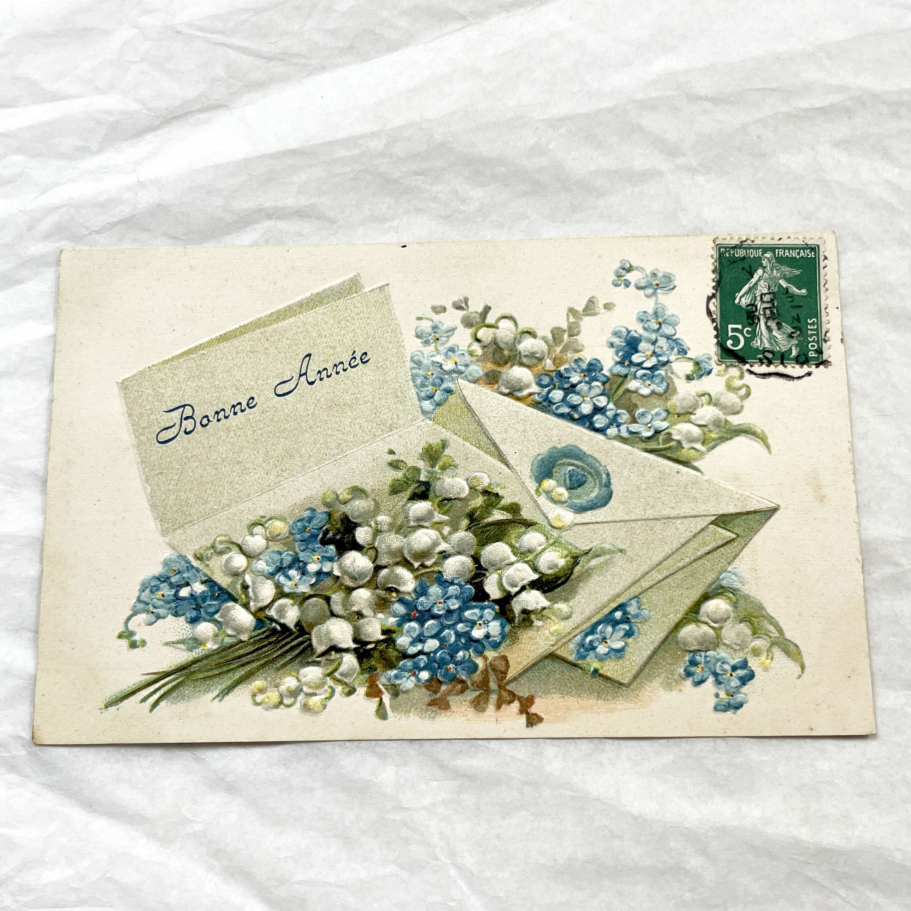 1910s - Vintage French New Year Postcard - Embossed Floral Design with Lily of the Valley and Forget-Me-Nots - Antique French Postal History