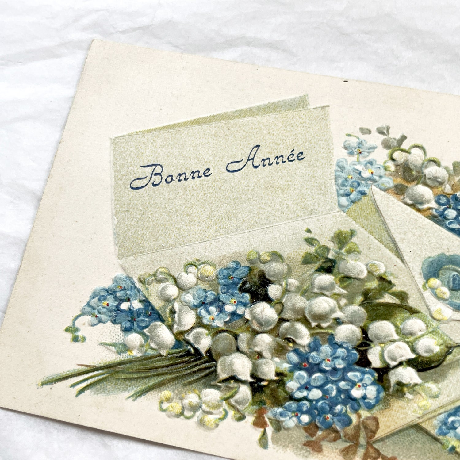 1910s - Vintage French New Year Postcard - Embossed Floral Design with Lily of the Valley and Forget-Me-Nots - Antique French Postal History