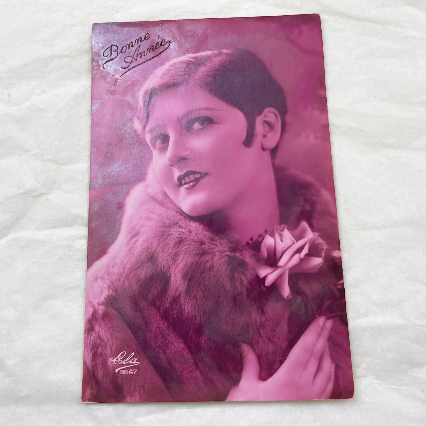 1920s - French Bonne Année Postcard - Vintage Flapper Woman Fur Rose Portrait - Antique Art Deco New Year Greeting Card