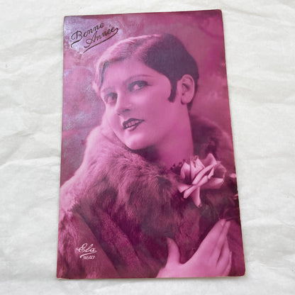 1920s - French Bonne Année Postcard - Vintage Flapper Woman Fur Rose Portrait - Antique Art Deco New Year Greeting Card