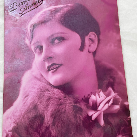 1920s - French Bonne Année Postcard - Vintage Flapper Woman Fur Rose Portrait - Antique Art Deco New Year Greeting Card